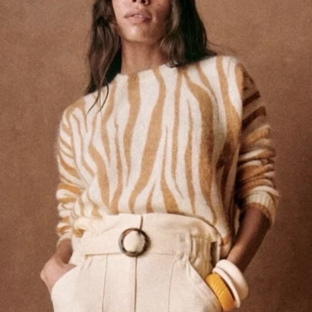Sézane Indiana mohair zebra print sweater in camel and ecru | Sz S